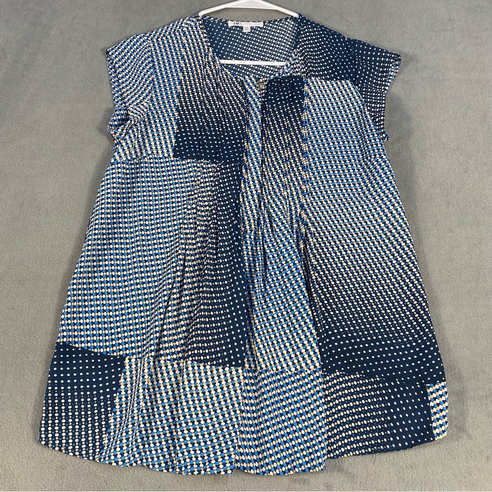 DR2 Petite Women’s Navy Polka Dot Pleated Blouse, Cap Sleeves, Relaxed Fit, PXS